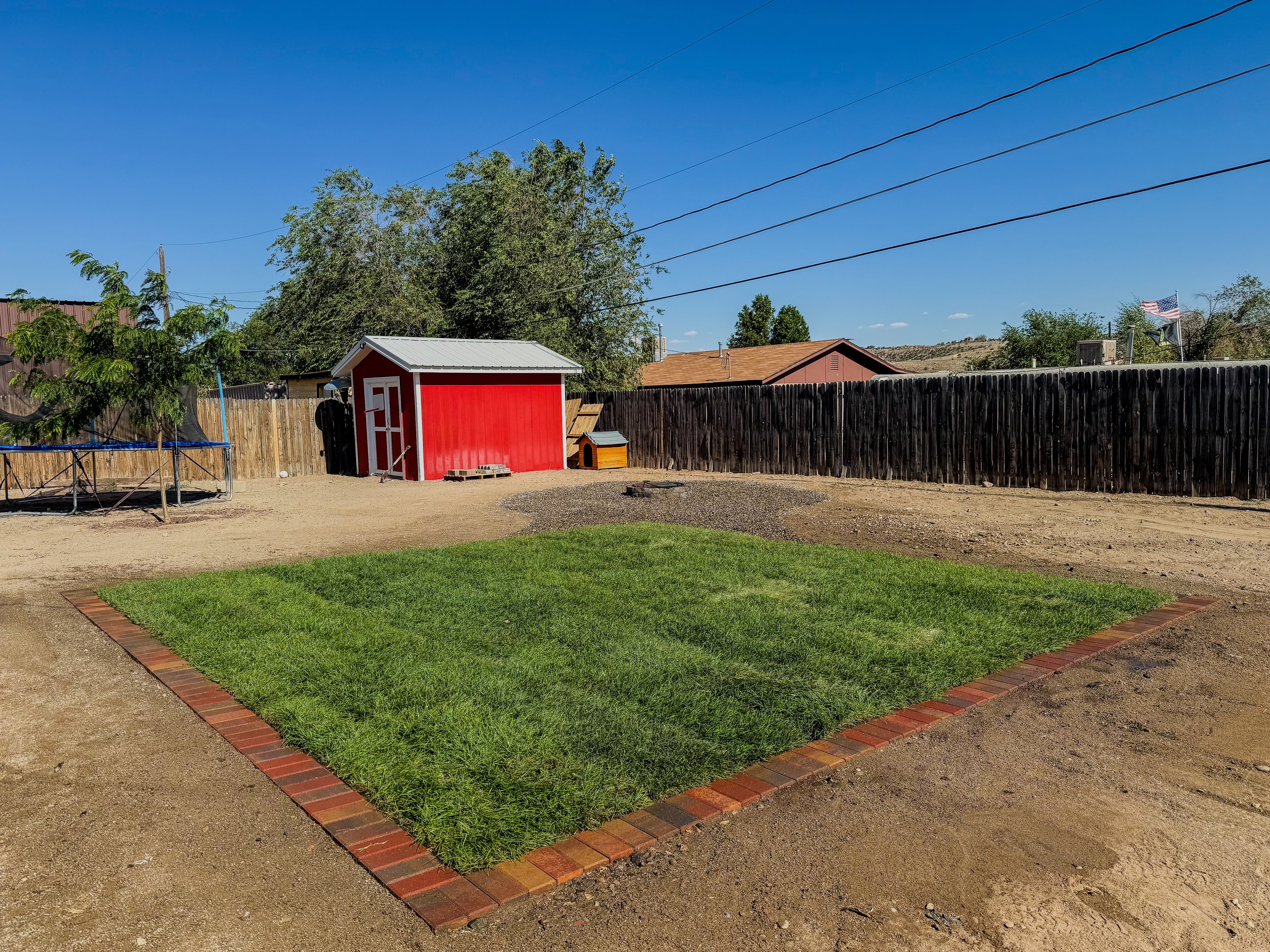 Freshly installed sod with brick paver border in residential backyard — High Desert NativeScapes, Farmington NM